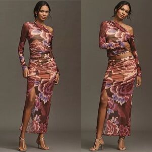 2 pc Set Anthropologie Ruched Side-Slit Maxi Skirt & Asymmetric One Shoulder Top